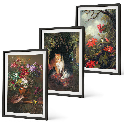 Set om 3 tavlor Vintage blommor katter natur