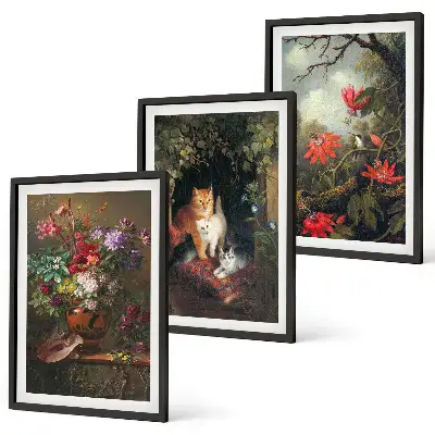 Set med 3 tavlor vintage motiv med blommor, katter och natur