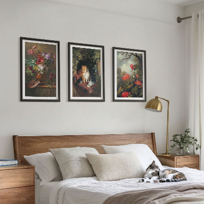 Set om 3 tavlor Vintage blommor katter natur