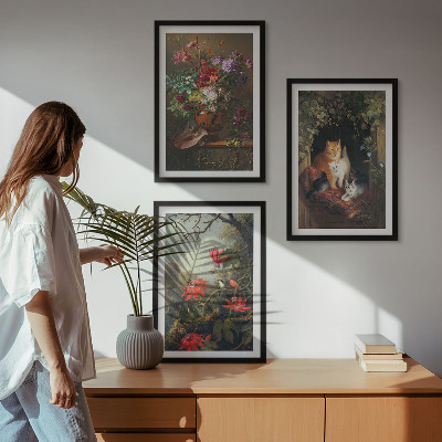 Set om 3 tavlor Vintage blommor katter natur