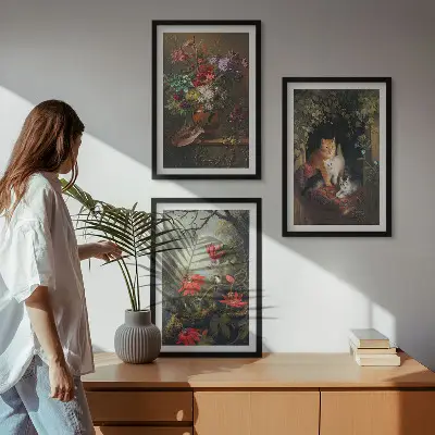 Set med 3 tavlor vintage motiv med blommor, katter och natur