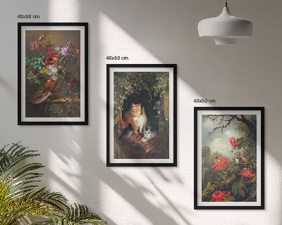 Set om 3 tavlor Vintage blommor katter natur