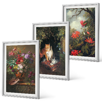 Set om 3 tavlor Vintage blommor katter natur