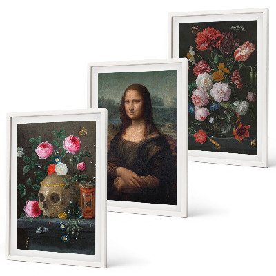 Set om 3 tavlor Blommor skalleporträtt Mona Lisa