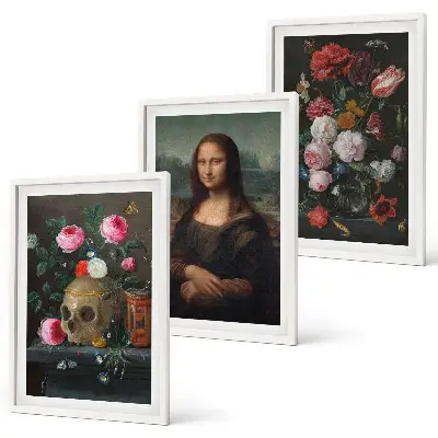 Blommor skalleporträtt Mona Lisa set om 3 tavlor