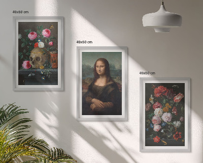 Set om 3 tavlor Blommor skalleporträtt Mona Lisa