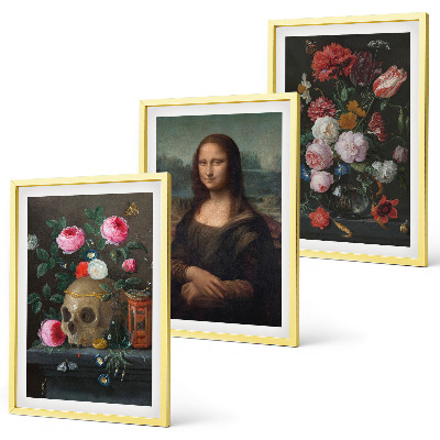 Set om 3 tavlor Blommor skalleporträtt Mona Lisa