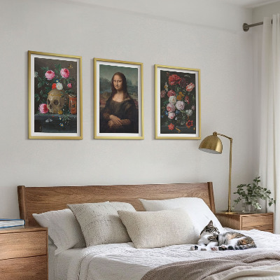 Set om 3 tavlor Blommor skalleporträtt Mona Lisa
