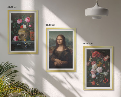 Set om 3 tavlor Blommor skalleporträtt Mona Lisa