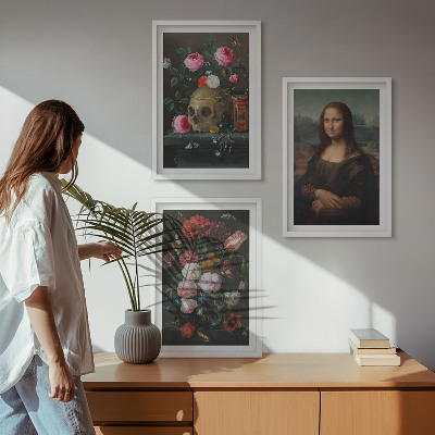 Set om 3 tavlor Blommor skalleporträtt Mona Lisa