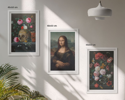 Set om 3 tavlor Blommor skalleporträtt Mona Lisa