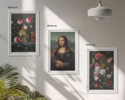 Blommor skalleporträtt Mona Lisa set om 3 tavlor