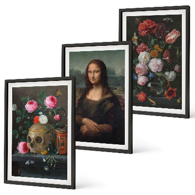 Set om 3 tavlor Blommor skalleporträtt Mona Lisa