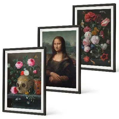 Blommor skalleporträtt Mona Lisa set om 3 tavlor