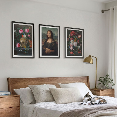 Set om 3 tavlor Blommor skalleporträtt Mona Lisa