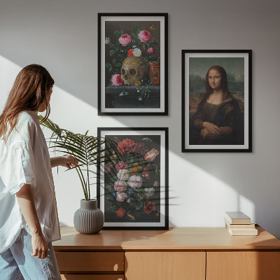 Set om 3 tavlor Blommor skalleporträtt Mona Lisa
