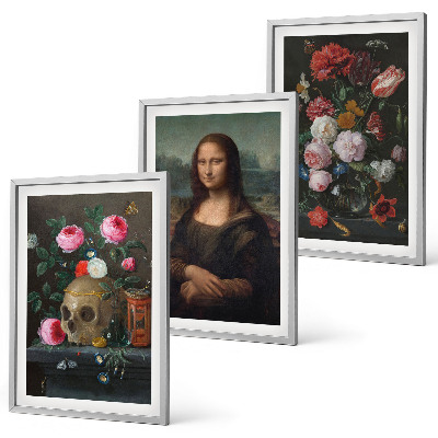 Set om 3 tavlor Blommor skalleporträtt Mona Lisa