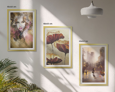 Tavelpaket med ramar Abstrakt porträtt av en kvinna med blommor och regn