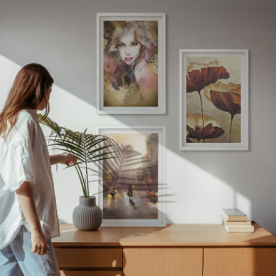 Tavelpaket med ramar Abstrakt porträtt av en kvinna med blommor och regn