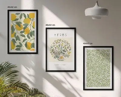 Tavelset med citroner tavlor ovanför soffan med örter och blad