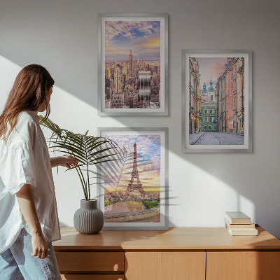 Tavelset ovanför soffa Städer New York Paris skymning