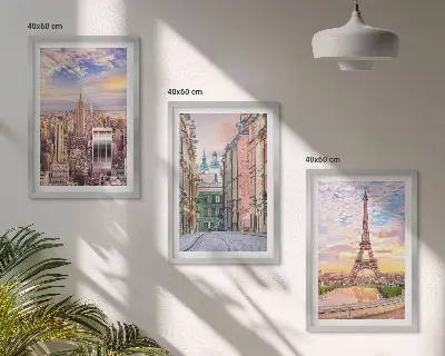 Tavelset för vägg ovanför soffa motiv med städerna New York och Paris i skymning