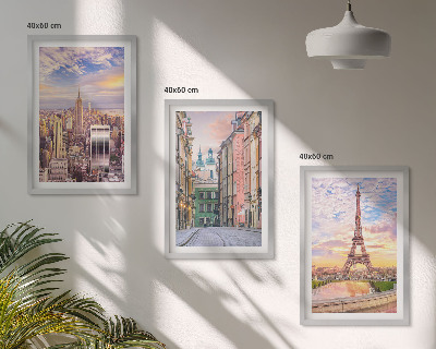 Tavelset ovanför soffa Städer New York Paris skymning