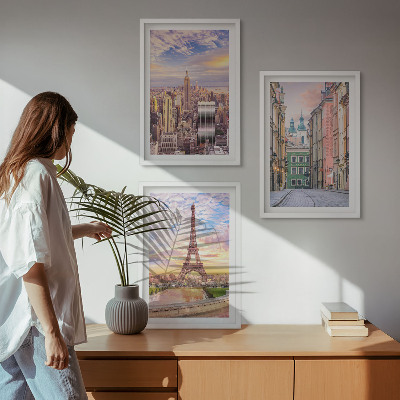 Tavelset ovanför soffa Städer New York Paris skymning