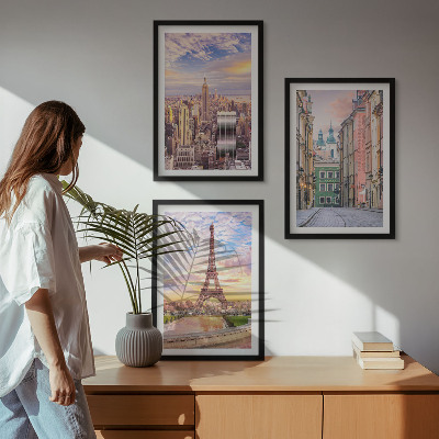 Tavelset ovanför soffa Städer New York Paris skymning