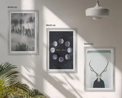 Set med 3 tavlor skogslandskap med dimma, måne och hjortskalle