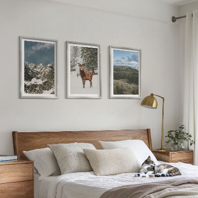Set om 3 tavlor Berg snö hjort skog landskap