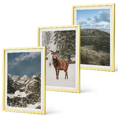 Tavelset med berg, snö, hjort och skog set om 3 tavlor med naturmotiv