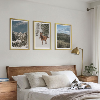 Set om 3 tavlor Berg snö hjort skog landskap
