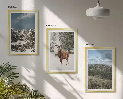 Tavelset med berg, snö, hjort och skog set om 3 tavlor med naturmotiv
