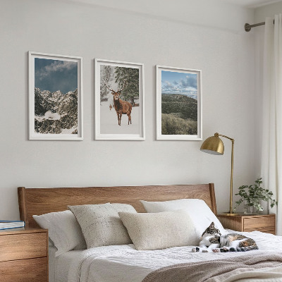 Set om 3 tavlor Berg snö hjort skog landskap