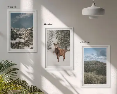 Tavelset med berg, snö, hjort och skog set om 3 tavlor med naturmotiv
