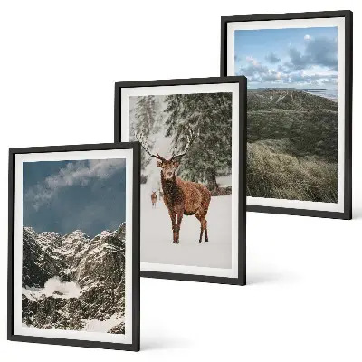 Tavelset med berg, snö, hjort och skog set om 3 tavlor med naturmotiv