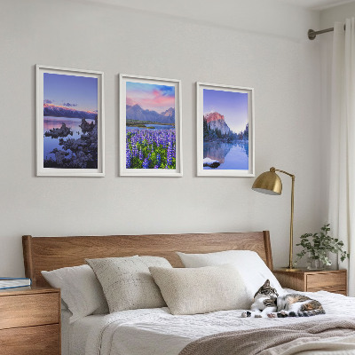 Tavelpaket med ramar Landskap av berg med vatten och himmel