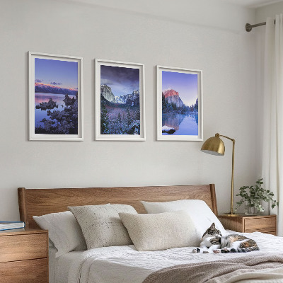 Tavelset ovanför soffa Bergslandskap, solnedgång, vatten