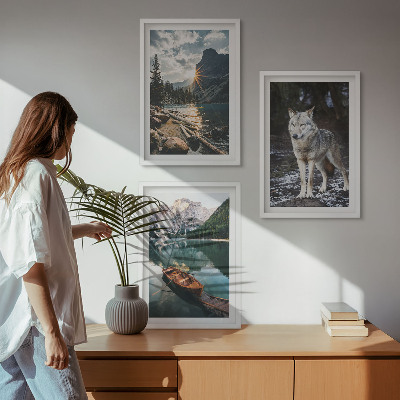 Set om 3 tavlor Berg sjöar varg natur