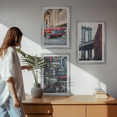 Tavelset med motiv av Brooklyn Bridge retro gammal bil