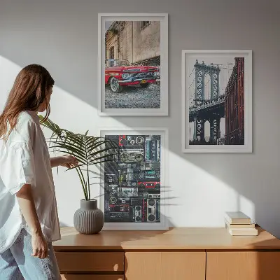 Tavelset med motiv av Brooklyn Bridge retro gammal bil