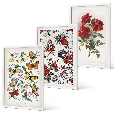 Set om 3 tavlor Fjärilar blommor röda rosor