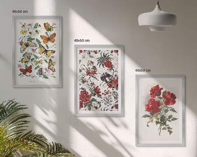 Set om 3 tavlor Fjärilar blommor röda rosor