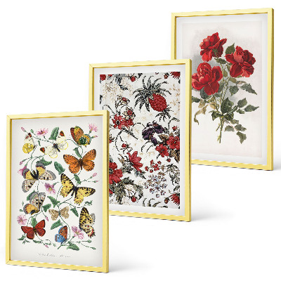 Set om 3 tavlor Fjärilar blommor röda rosor