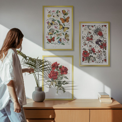 Set om 3 tavlor Fjärilar blommor röda rosor