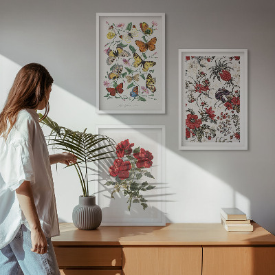 Set om 3 tavlor Fjärilar blommor röda rosor