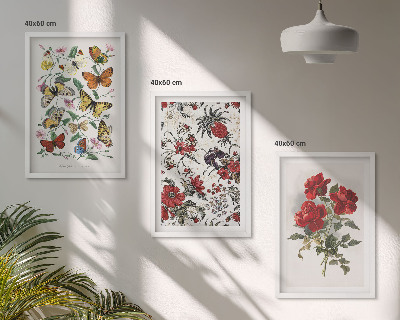 Set om 3 tavlor Fjärilar blommor röda rosor