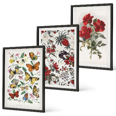 Set om 3 tavlor Fjärilar blommor röda rosor