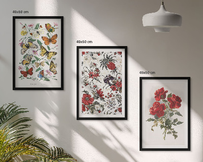 Set om 3 tavlor Fjärilar blommor röda rosor
